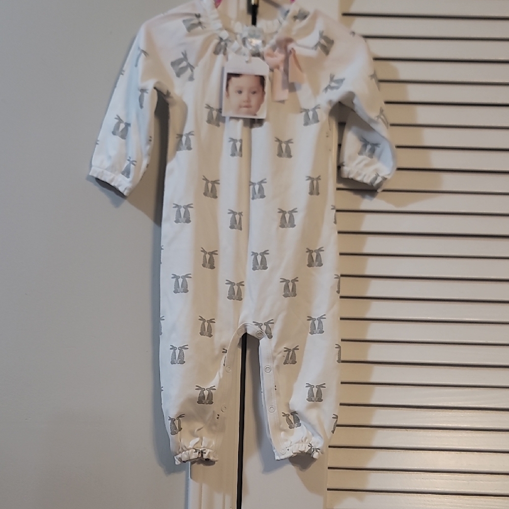 Feather Baby White Ruffle Neck Baby One-Piece Footie with Gray Bunny Print